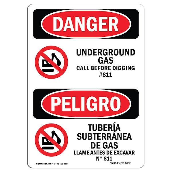 Signmission OSHA Sign, 10" Height, Rigid Plastic, Underground Gas Call No. 811 Spanish, VS-1802 OS-DS-P-710-VS-1802 - main